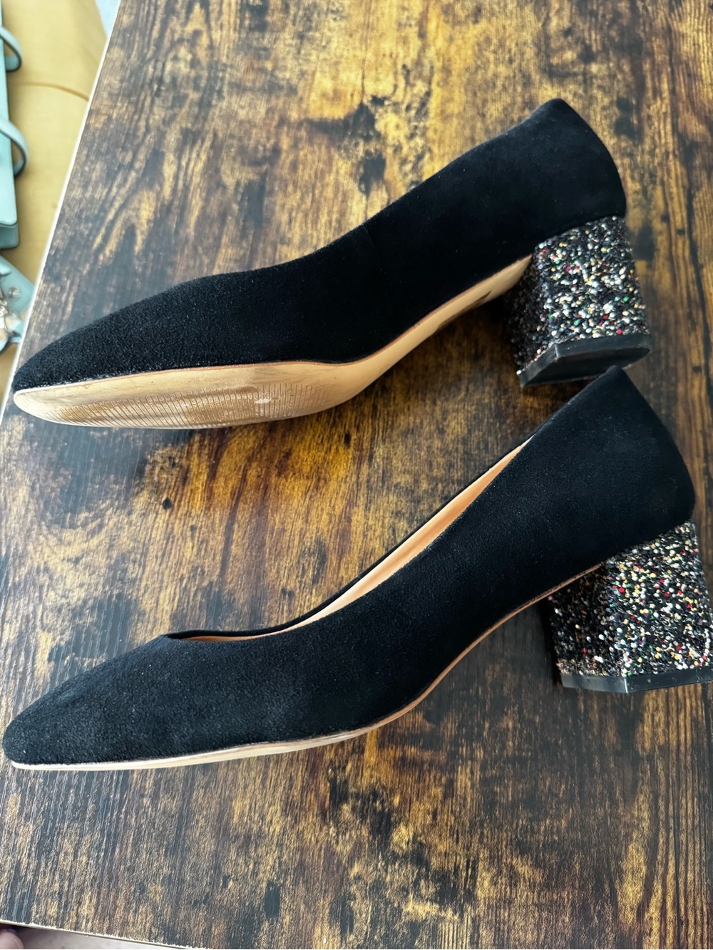 J. Crew Black Suede Block Heel Pumps with Glitter Heel